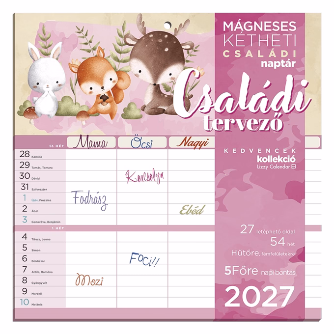 Falinaptár LIZZYCALENDAR 220x220mm 2 hetes mágneses Családi Tervező 2027