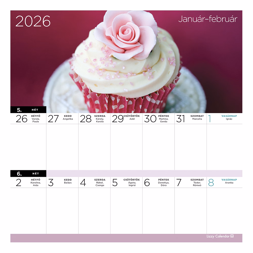 Falinaptár mágneses LIZZY CARD 220x220mm 2 hetes Sütemények 2026.
