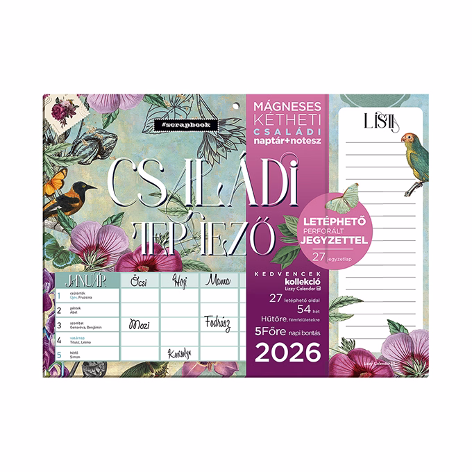 Falinaptár mágneses LIZZY CARD 220x300mm 2 hetes+ jegyzettömb Anyu tervezője Scrapbook Style 2026.