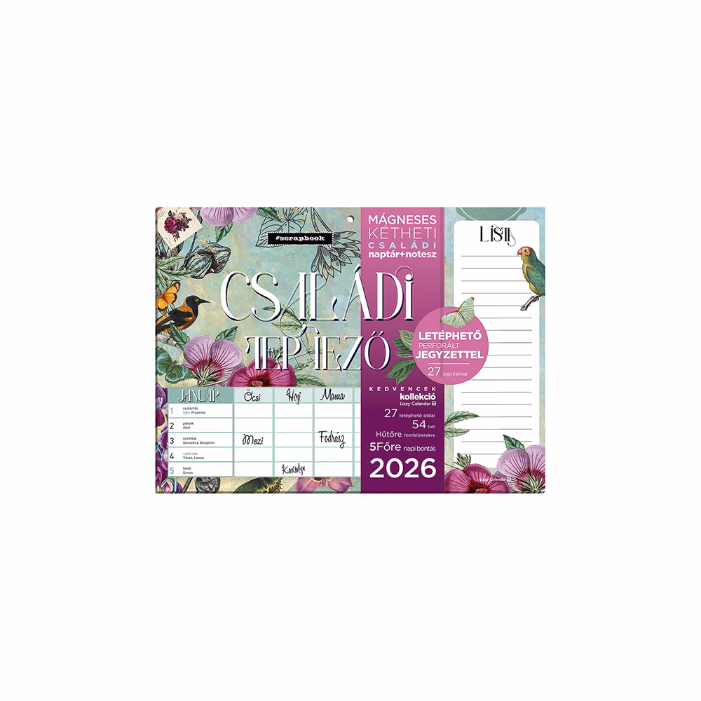 Falinaptár mágneses LIZZY CARD 220x300mm 2 hetes+ jegyzettömb Anyu tervezője Scrapbook Style 2026.