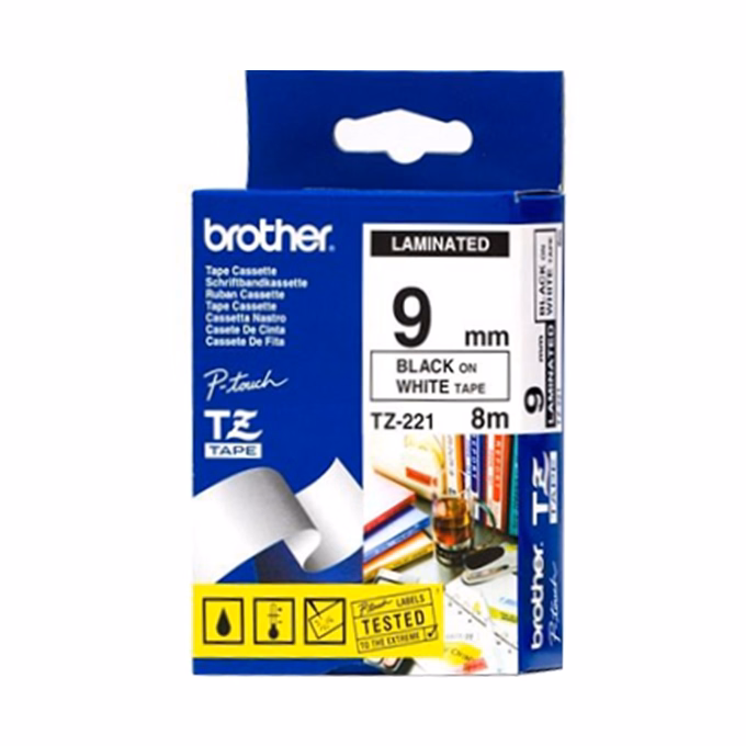 Feliratozó szalag BROTHER TZe-221 9mmx8m laminált fehér alapon fekete írásszín