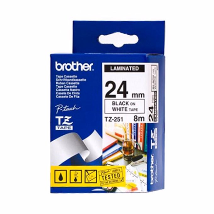 Feliratozó szalag BROTHER TZe-251 24mmx8m laminált fehér alapon fekete írásszín