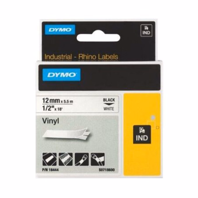Feliratozó szalag DYMO 12mm x 5,5m vinyl fehér alapon fekete írásszín