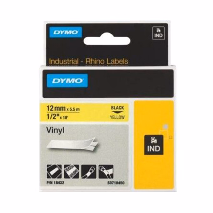Feliratozó szalag DYMO 12mm x 5,5m vinyl sárga alapon fekete írásszín