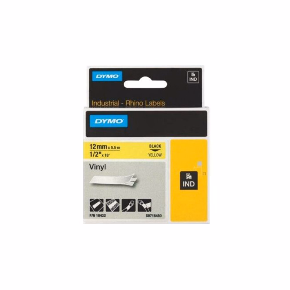 Feliratozó szalag DYMO 12mm x 5,5m vinyl sárga alapon fekete írásszín