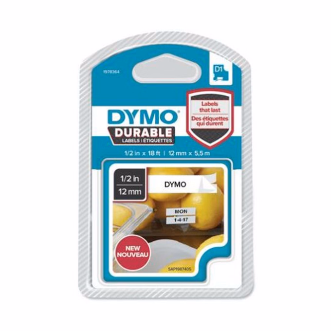 Feliratozó szalag DYMO D1 12mm x 3m fekete alapon fehér írásszín Feliratozó szalag DYMO D1 12mm x 3m fekete alapon fehér írásszín