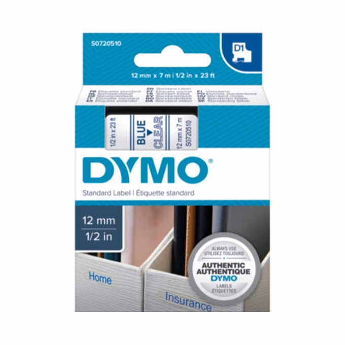 Feliratozó szalag DYMO D1 12mm x 7m átlátszó alapon kék írásszín Feliratozó szalag DYMO D1 12mm x 7m átlátszó alapon kék írásszín