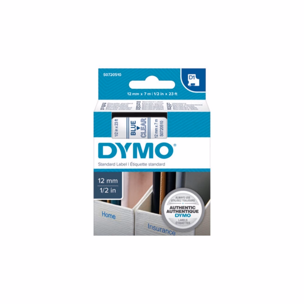Feliratozó szalag DYMO D1 12mm x 7m átlátszó alapon kék írásszín Feliratozó szalag DYMO D1 12mm x 7m átlátszó alapon kék írásszín