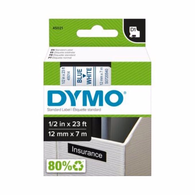 Feliratozó szalag DYMO D1 45014 12mm x 7m fehér alapon kék írásszín