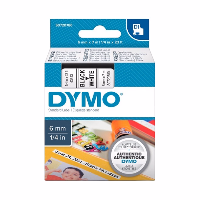 Feliratozó szalag DYMO D1 6mm x 7m fehér alapon fekete írásszín