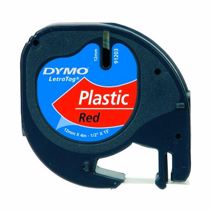 Feliratozó szalag DYMO LetraTag 12mm x 4m műanyag piros alapon fekete írásszín