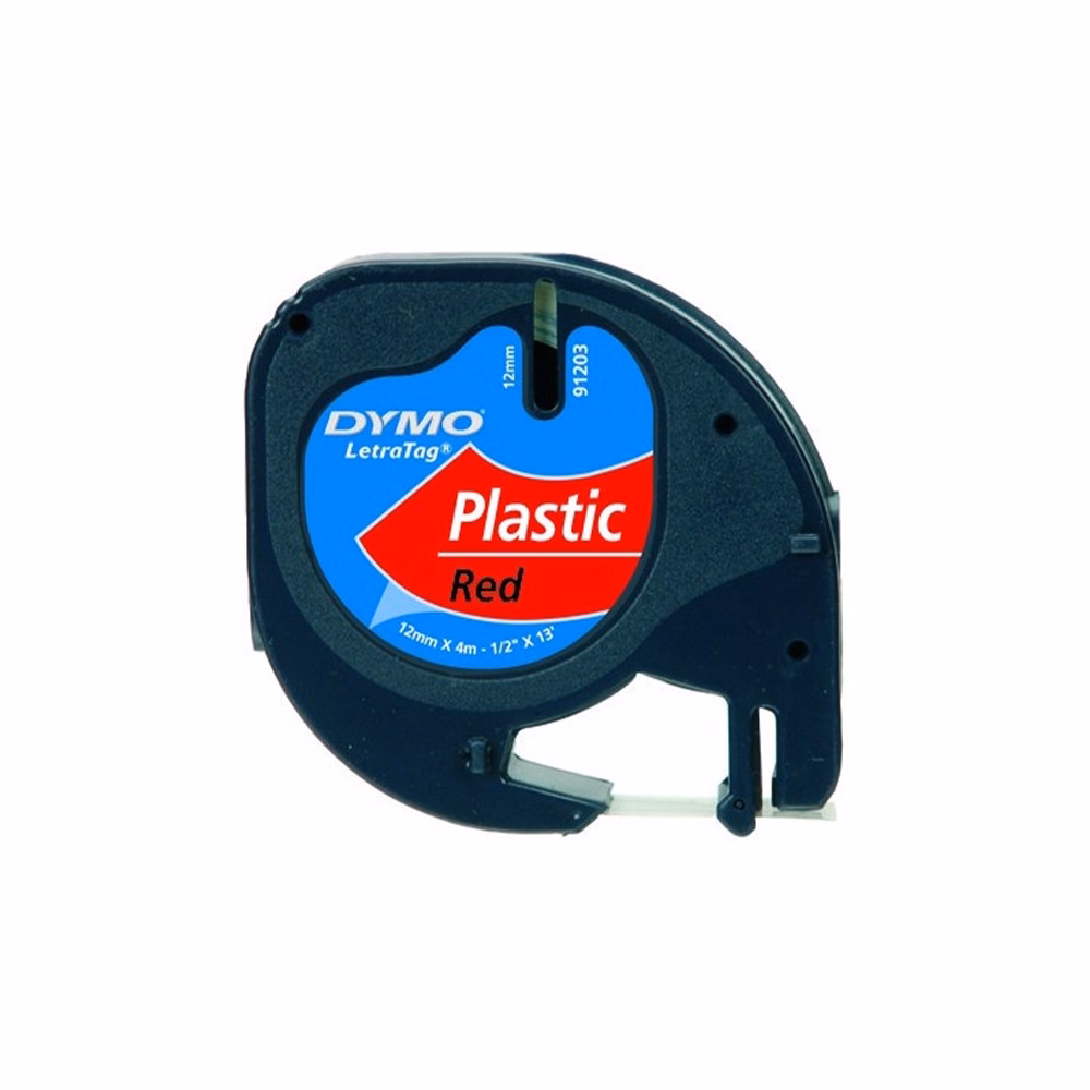 Feliratozó szalag DYMO LetraTag 12mm x 4m műanyag piros alapon fekete írásszín