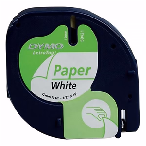 Feliratozó szalag DYMO LetraTag 12mm x 4m papír fehér alapon fekete írásszín Feliratozó szalag DYMO LetraTag 12mm x 4m papír fehér alapon fekete írásszín