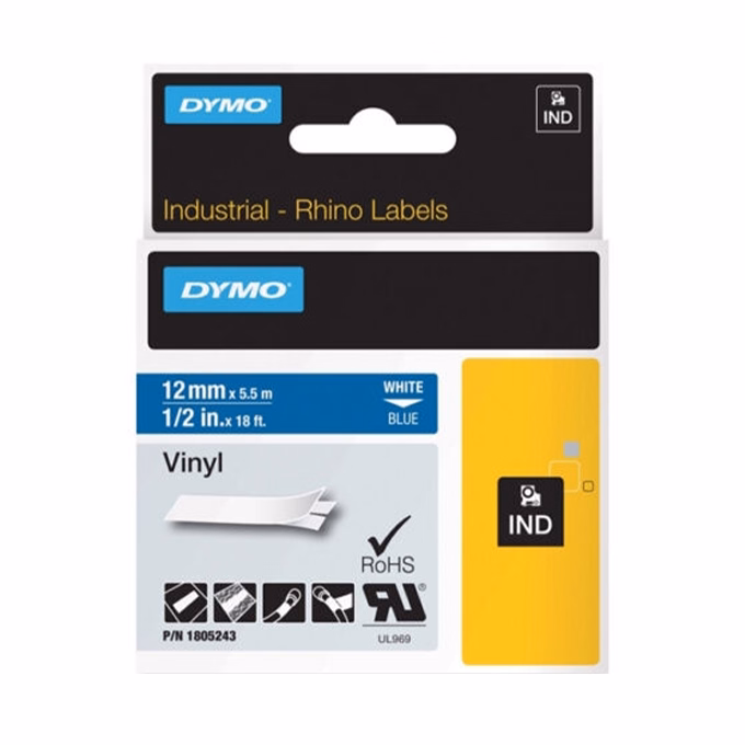 Feliratozó szalag DYMO Rhino 12mm x 5,5m PVC kék alapon fehér írásszín