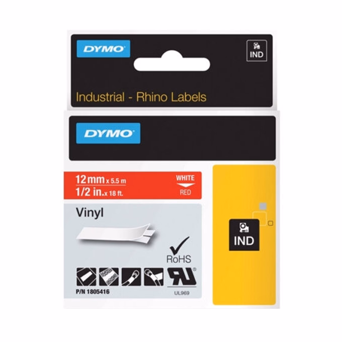 Feliratozó szalag DYMO Rhino 12mm x 5,5m PVC piros alapon fehér írásszín