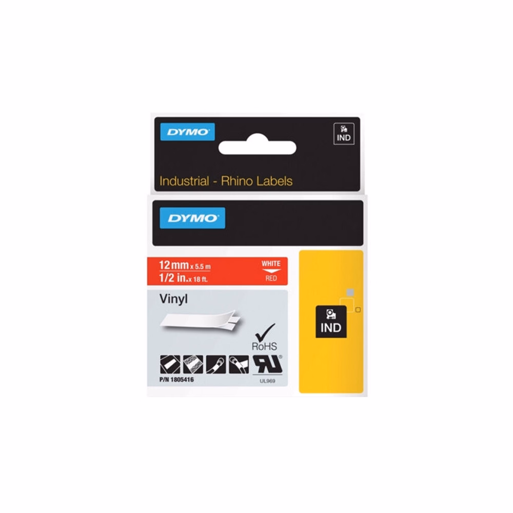 Feliratozó szalag DYMO Rhino 12mm x 5,5m PVC piros alapon fehér írásszín