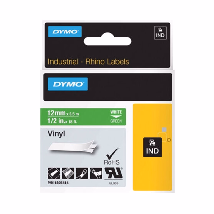Feliratozó szalag DYMO Rhino 12mm x 5,5m PVC zöld alapon fehér írásszín