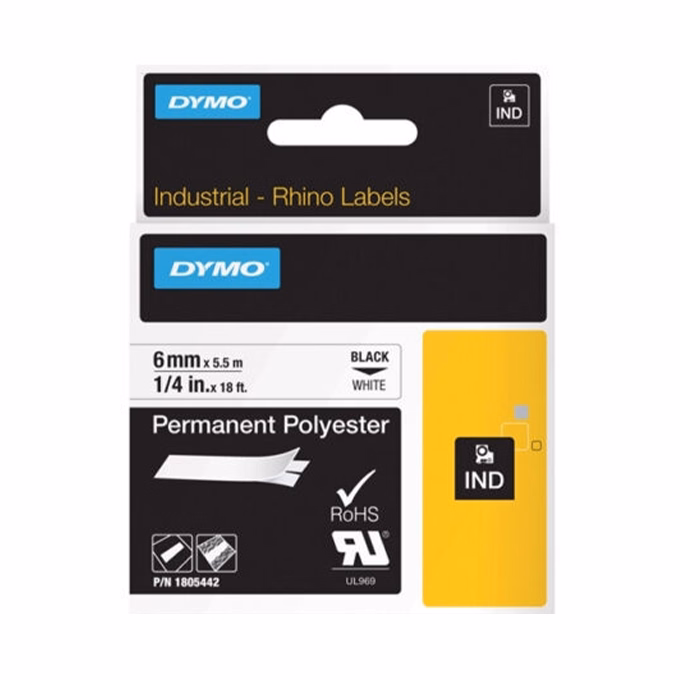 Feliratozó szalag DYMO Rhino 6mm x 5,5m poliészter fehér alapon fekete írásszín