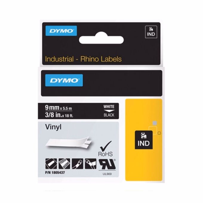 Feliratozó szalag DYMO Rhino 9mm x 5,5m vinyl fekete alapon fehér írásszín