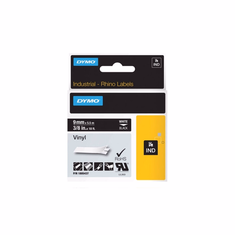 Feliratozó szalag DYMO Rhino 9mm x 5,5m vinyl fekete alapon fehér írásszín