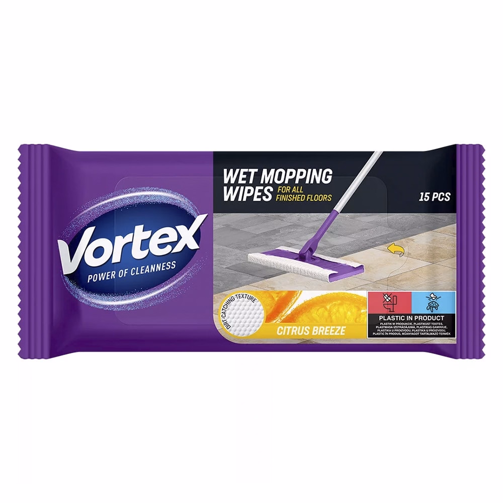 Felmosó törlőkendő VORTEX nedves Citrus Breeze 15 darabos