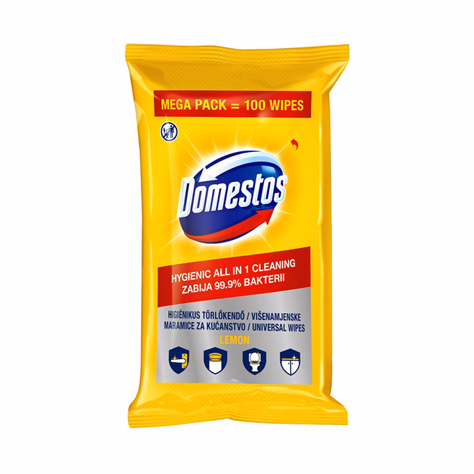 Fertőtlenítő törlőkendő DOMESTOS Lemon 100 db