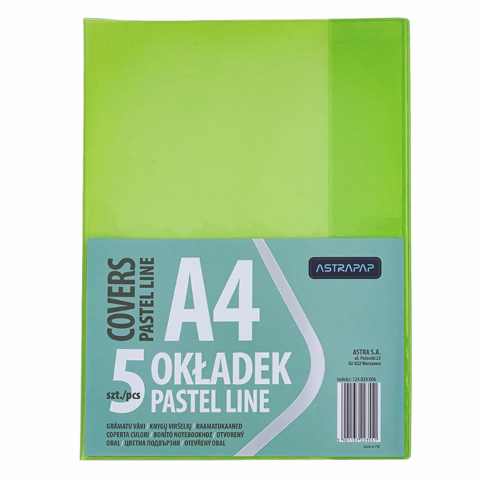Füzetborító ASTRA PAP A/4 bújtatós pvc neon pasztell színek 5 db/csomag