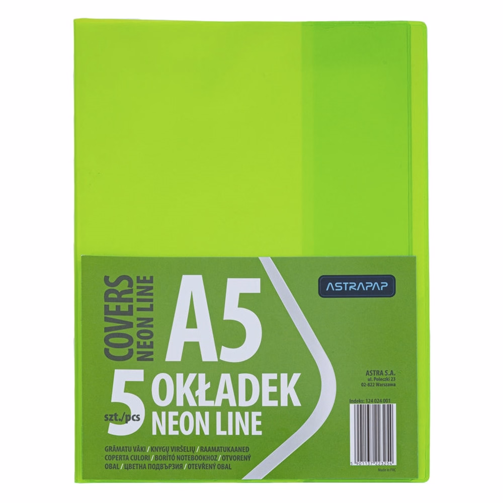 Füzetborító ASTRA PAP A/5 bújtatós pvc neon élénk színek 5 db/csomag
