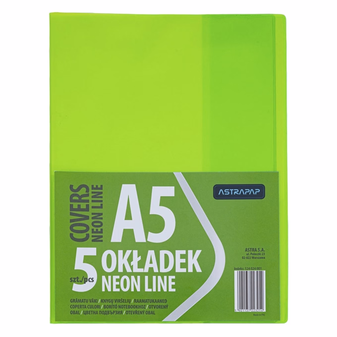 Füzetborító ASTRA PAP A/5 bújtatós pvc neon élénk színek 5 db/csomag