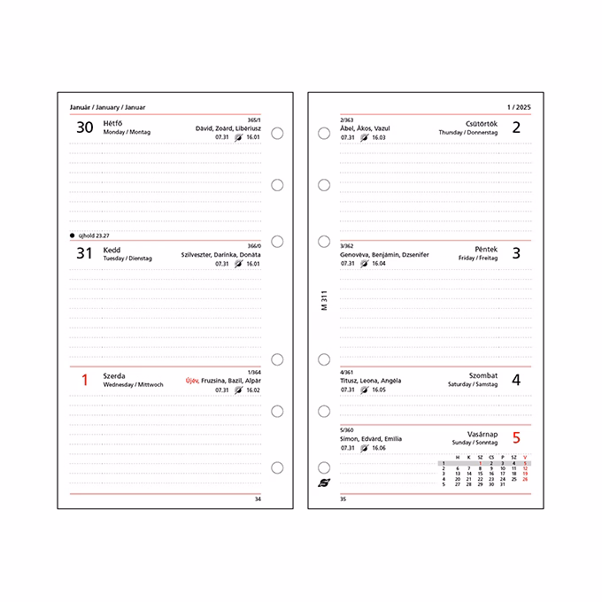 Gyűrűs kalendárium betét SATURNUS M311/F heti fehér lapos 2026.