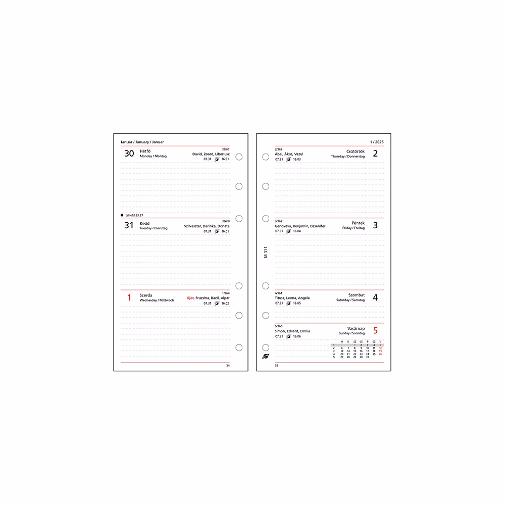 Gyűrűs kalendárium betét SATURNUS M311/F heti fehér lapos 2026.