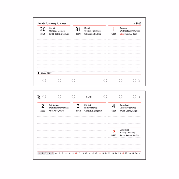 Gyűrűs kalendárium betét SATURNUS S311/F heti fehér lapos 2026.