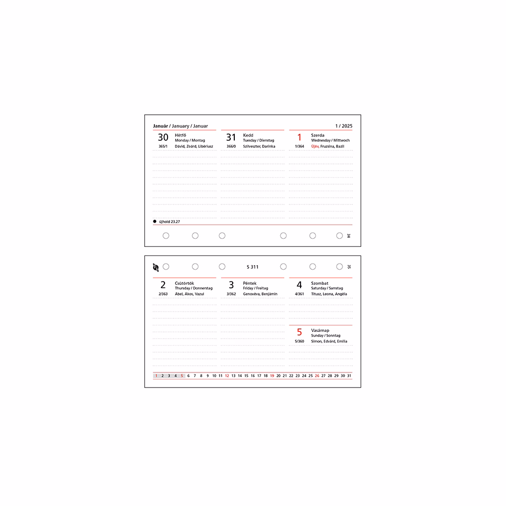 Gyűrűs kalendárium betét SATURNUS S311/F heti fehér lapos 2026.