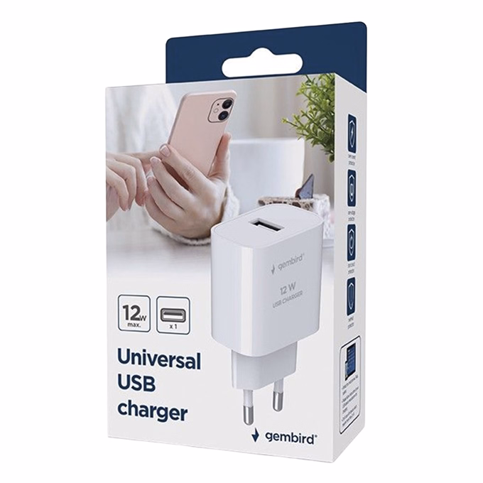 Hálózati adapter GEMBIRD USB-A 12W fehér