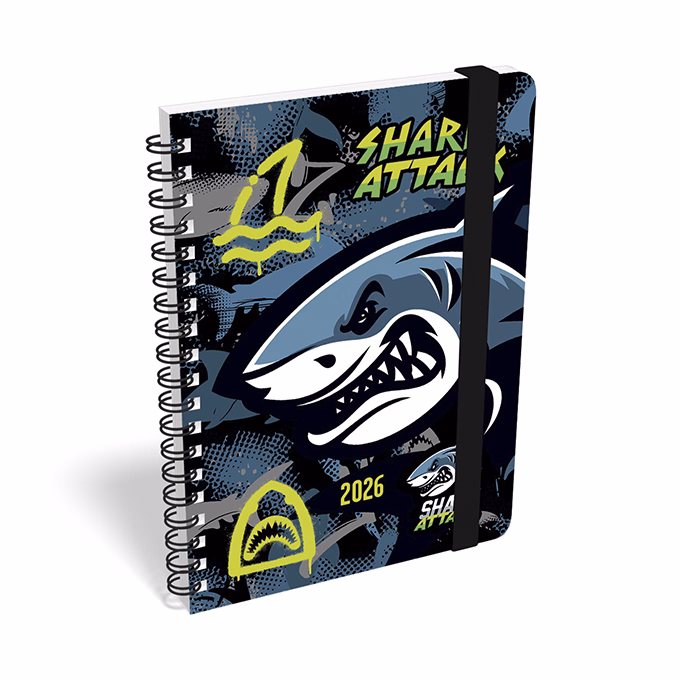 Határidőnapló LIZZY CARD B/6 heti spirálozott gumis Shark attack 2026.