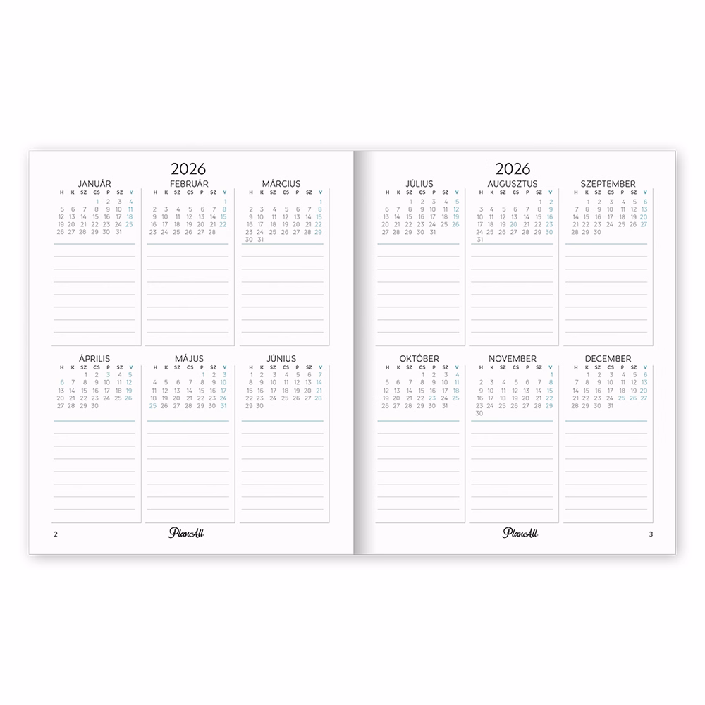 Határidőnapló PLANALL Mini A/6 heti keményfedelű aranyozott Turkoise 2026.