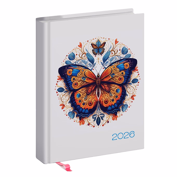 Határidőnapló REALSYSTEM Librobello "Hölgyeknek" B/6 napi fehér lapos 3D lakk Lepke 2026.