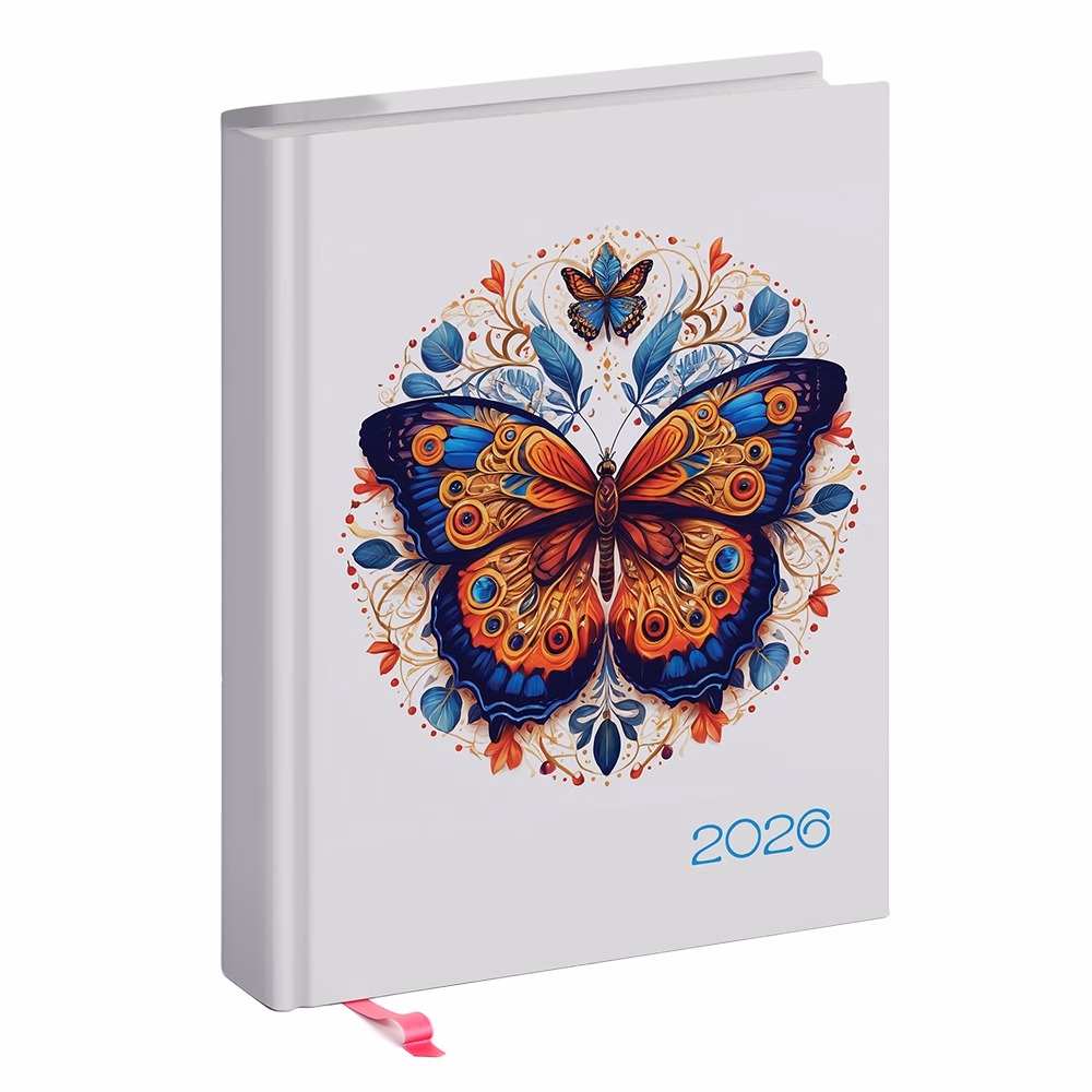 Határidőnapló REALSYSTEM Librobello "Hölgyeknek" B/6 napi fehér lapos 3D lakk Lepke 2026.