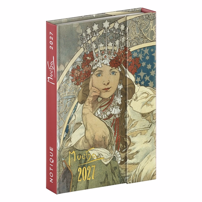Határidőnapló REALSYSTEM 110x160mm heti sárga lapos márneses záródású Alphonse Mucha 2027
