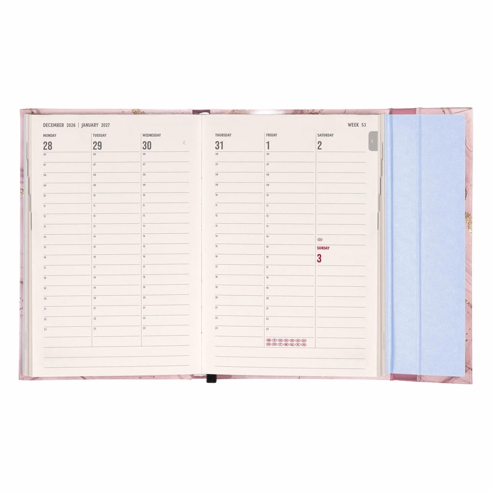 Határidőnapló REALSYSTEM 110x160mm heti sárga lapos márneses záródású Pink marble 2027