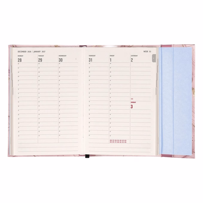 Határidőnapló REALSYSTEM 110x160mm heti sárga lapos márneses záródású Pink marble 2027