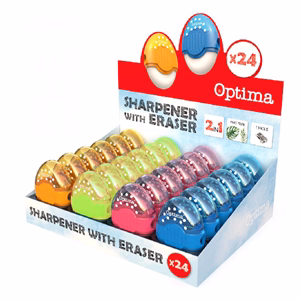 Hegyező és radír display OPTIMA 1 lyukú tartályos műanyag 24 darabos
