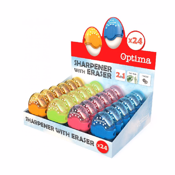 Hegyező és radír display OPTIMA 1 lyukú tartályos műanyag 24 darabos