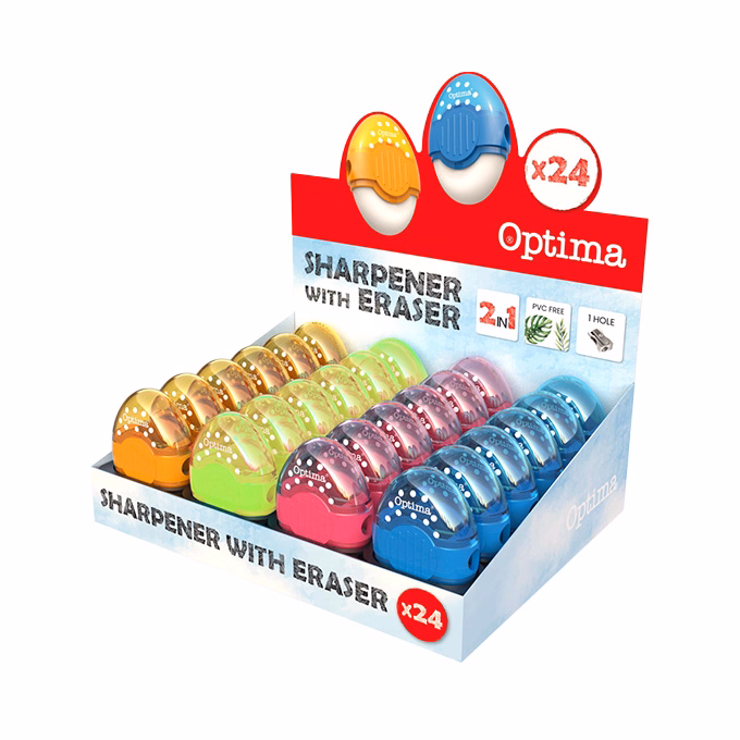 Hegyező és radír display OPTIMA 1 lyukú tartályos műanyag 24 darabos