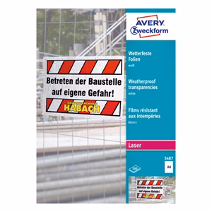 Írásvetítő fólia AVERY 3487 210x297 mm fehér időjárásálló 100 lapos