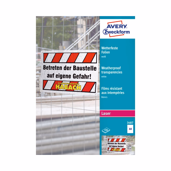 Írásvetítő fólia AVERY 3487 210x297 mm fehér időjárásálló 100 lapos
