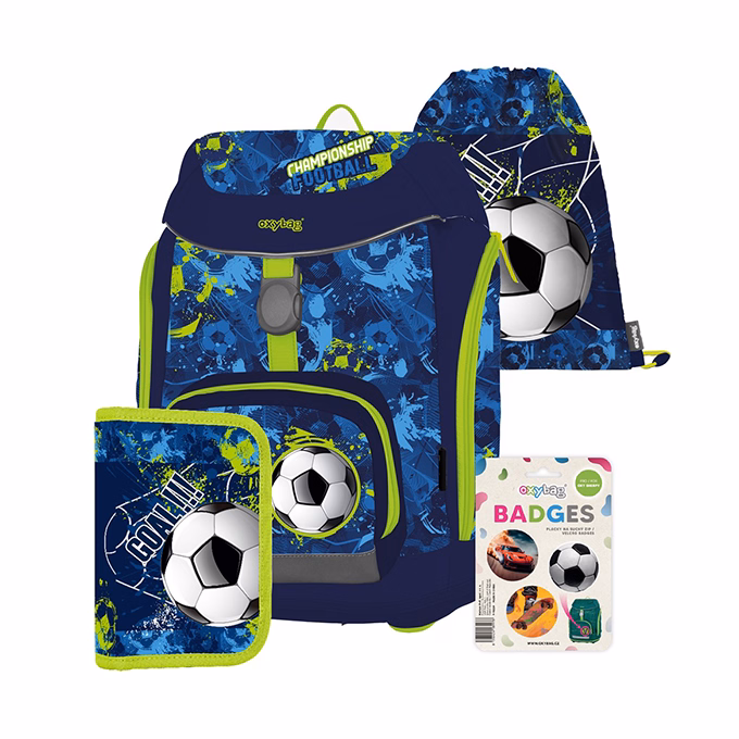 Iskolatáska szett OXY SHERPY 4 részes Football tolltartóval, tornazsákkal és cserélhető matricával