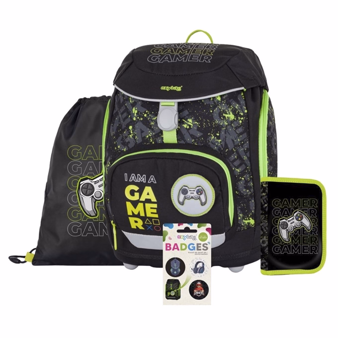 Iskolatáska szett OXY SHERPY 4 részes Gamer tolltartóval, tornazsákkal és cserélhető matricával