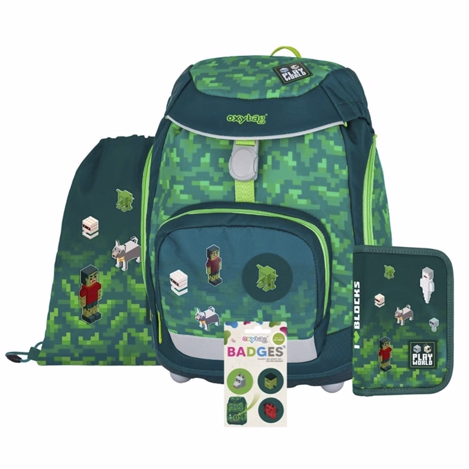 Iskolatáska szett OXY SHERPY 4 részes Playworld tolltartóval, tornazsákkal és cserélhető matricával