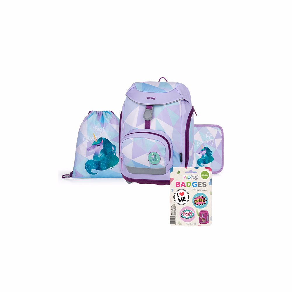 Iskolatáska szett OXY SHERPY 4 részes Unicorn tolltartóval, tornazsákkal és cserélhető matricával /2025